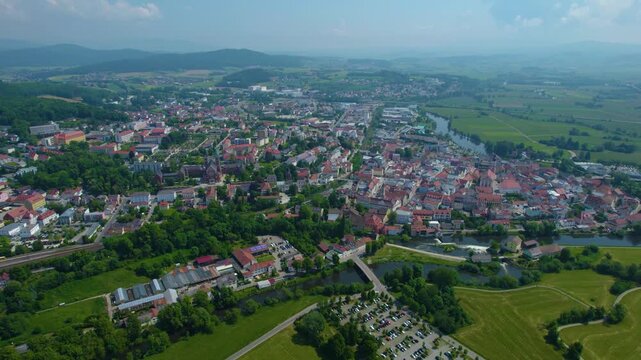Aerial view of the village Cham in Germany, on a cloudy day in spring.