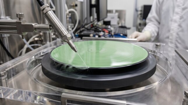 Medium shot focusing on edge bead removal process during spin coating showing meticulous liquid resist shaping for optimal wafer surface preparation.