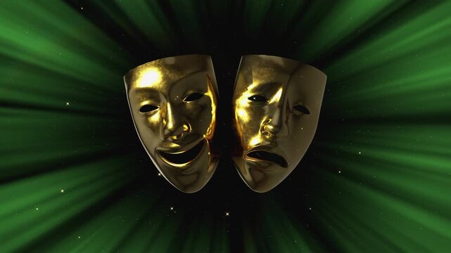 A cinematic loop of golden theatrical comedy and tragedy masks floating against a deep green background with radiating light rays and shimmering gold particles