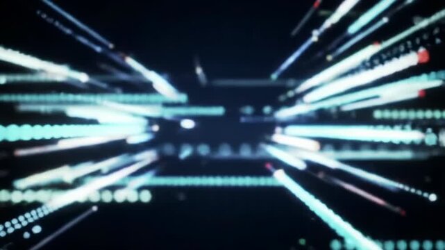 a wide video of luminous neon data streams sweeping rapidly through a dark, infinite digital space with abstract architecture, enhanced by a tracking video and gentle push-in zoom, showcasing secure
