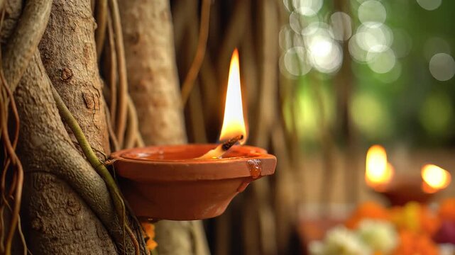 Traditional Oil Lamp Diya on Banyan Tree for Vat Savitri Festival