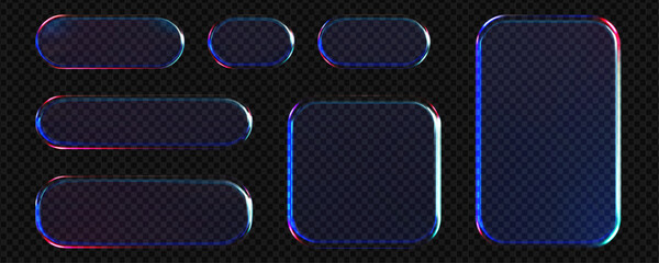Cyberpunk style game button set with glowing neon borders and transparent glass texture for mobile UI © Яна 
