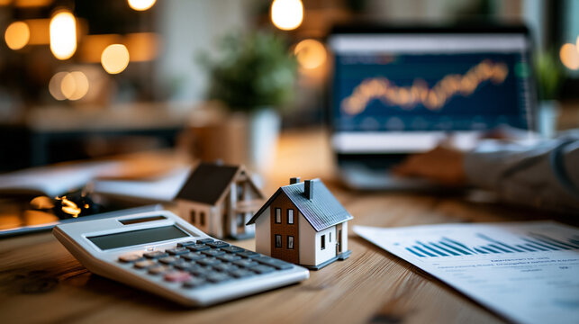 A calculator, two miniature house models and a laptop with property graphs on a wooden desk, real estate finance, financial planning, mortgage calculation, home loan, budgeting,
