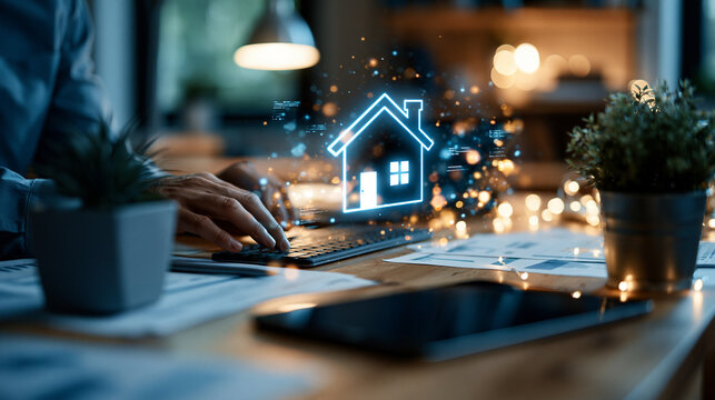 A digital house icon overlay above a tidy desk with paperwork and a tablet, modern digital scene, house icon, data marks, home buying, documentation, smart workflow, conceptual,