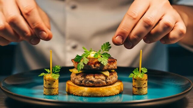 Chef plating a gourmet burger dish