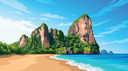 Tropical beach with limestone cliffs, vibrant illustration © Rena