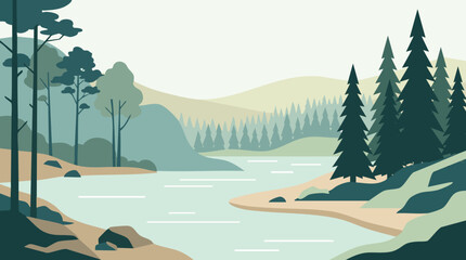 Scenic river landscape with pine trees, vector illustration © Rena