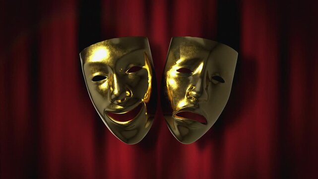 A cinematic loop featuring glossy black comedy and tragedy masks over a deep red velvet curtain background with shimmering light particles and glows