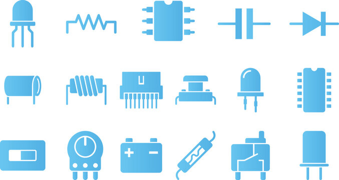 Electronic components icons collection, blue schematic symbols on white background.