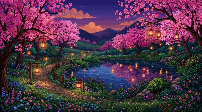 Pixel art of a magical landscape with cherry blossoms and lanterns