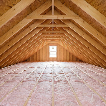 Unfinished attic interior with exposed wooden roof framing and pink fiberglass insulation. Home construction and energy efficiency upgrade concept
