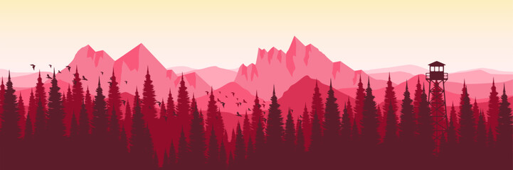 Fototapeta premium Minimalist red sunrise landscape background with watchtower for modern commercial banners