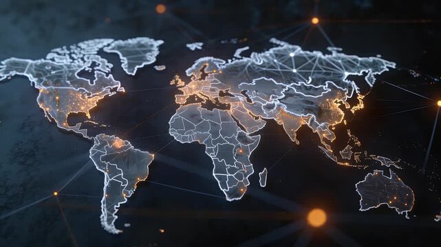 A digital world map with glowing country outlines and interconnected network nodes, representing global communication and data flow.