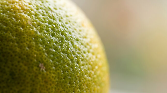 Extreme close up of green lime skin texture. Macro photography of fresh citrus fruit rind with moisture drops. Blurred background