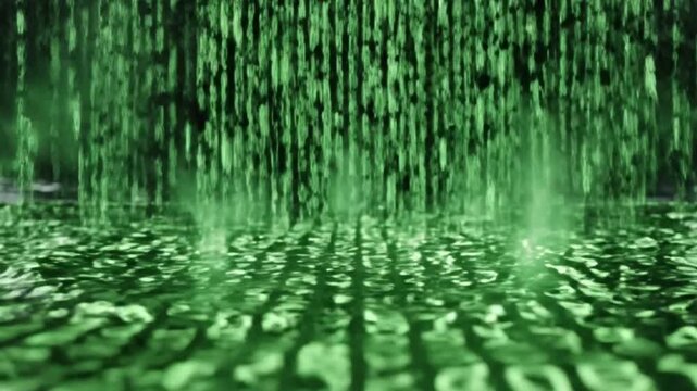 Green Binary Code Matrix Falling into Digital Water Surface