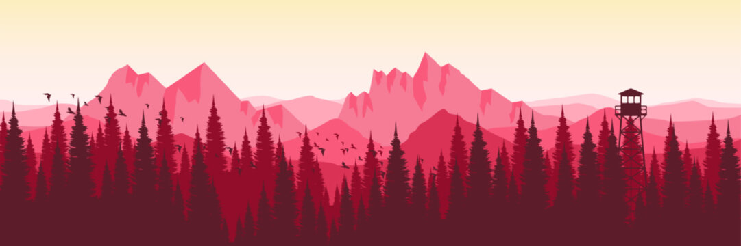 Minimalist red sunrise landscape background with watchtower for modern commercial banners
