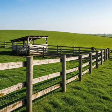A rustic wooden fence defines the border of a traditional sheepfold structure situated in a vast green pasture under the midday sun, scenic, stockyard, remote