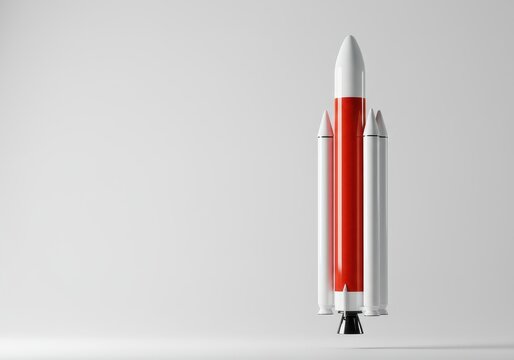 A striking white and red space rocket model standing vertically, isolated on a pure white background, symbolizing launch, science, and ambition, retro, simple, engineering