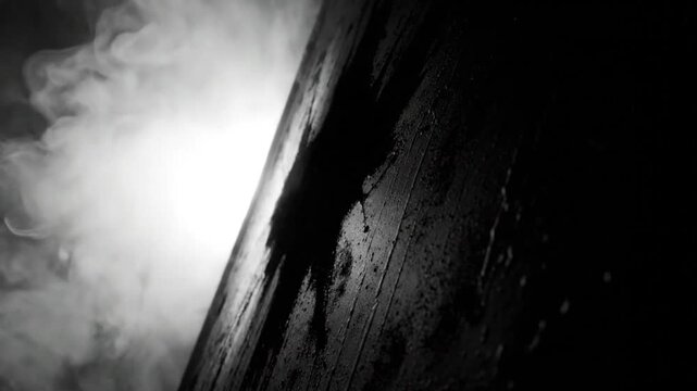 Black and white close up of a dark wet surface with smoke in a mysterious and moody atmosphere