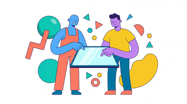 Flat Vector Illustration of Tech Professionals Working Together on Interactive Screen