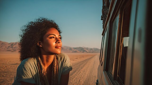 A black woman on the road enjoying the view of the desert from the window of an SUV during vacation.