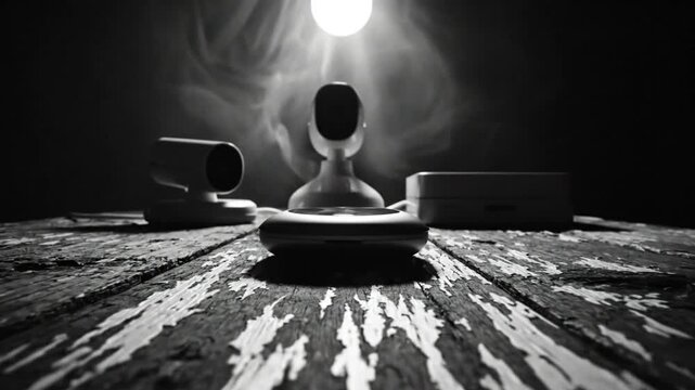 Surveillance Devices Lit by a Bright Light on a Peeling Wooden Surface Surrounded by Smoke
