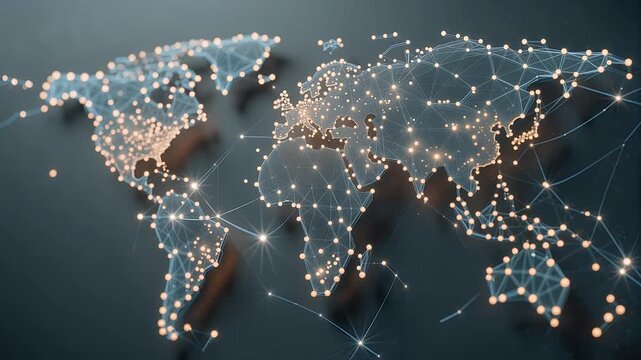 Digital world map with glowing connections illustrating global network and communication.