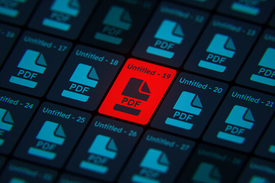 Red infected PDF file icon among blue ones on a digital screen. Concept of cybersecurity threat, computer virus, malware, corrupted document, or data breach alert.