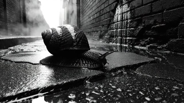 Black and white time lapse of a snail slowly moving across wet, cracked pavement in an alleyway