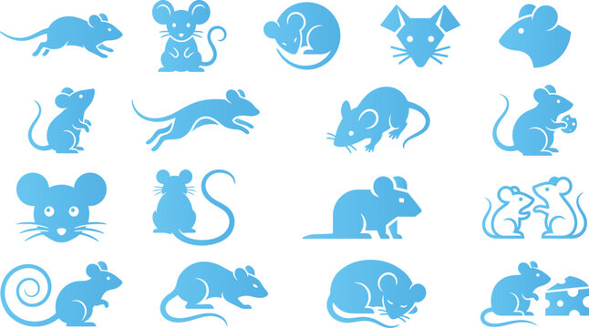Set of blue rodent icons on white background, vector collection of mice and rats for design.