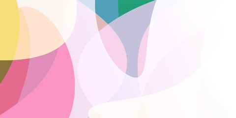 Fototapeta premium Colorful Abstract Background, Overlapping Translucent Round Geometric Shapes – Soft Flowing Curves and Pastel Hues. Colors: Pink, Purple, Yellow, Green, Blue and White
