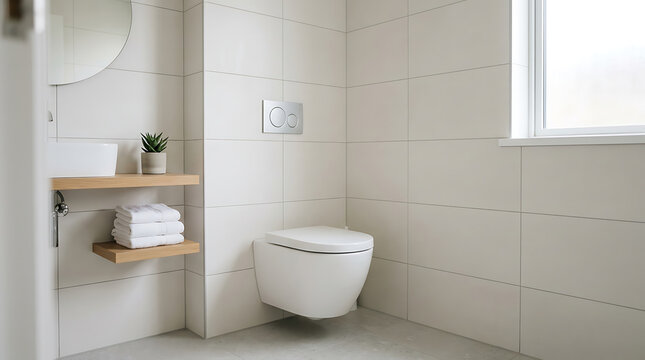 Modern minimalist bathroom interior with a white wall-hung toilet. Contemporary restroom design featuring white tiles and wooden shelves. Clean home architecture