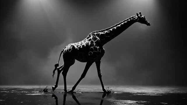 Black and white still shot of a giraffe walking in water with backlighting and a misty atmosphere.