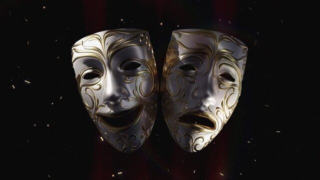 Ornate silver and gold filigree theatrical comedy and tragedy masks on a stage with red curtains, falling gold confetti, and shimmering light particles in a cinematic loop