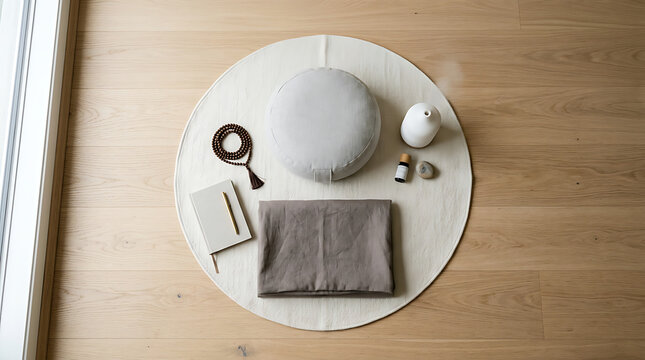 Meditation and mindfulness flat lay on a wooden floor. Zen setup with grey cushion, mala beads, and essential oil diffuser. Copy space for text