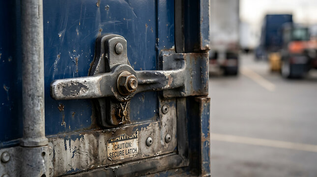Close up of a secure latch on a blue shipping container. Industrial logistics and cargo transport detail. Weathered metal container lock