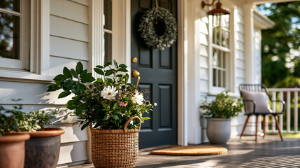 Fototapeta premium A welcoming front porch of a colonial style home with a wreath on the door and potted plants, front porch, colonial home, welcoming entrance, real estate, residential charm,