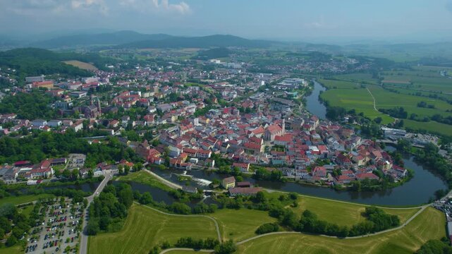 Aerial view of the village Cham in Germany, on a cloudy day in spring.
