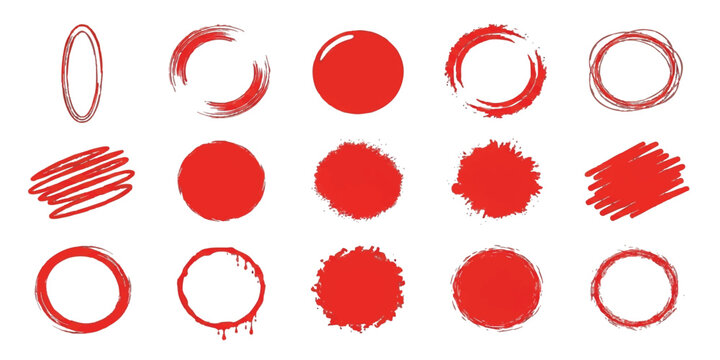 Set of red hand drawn circles and brush stroke shapes for design elements