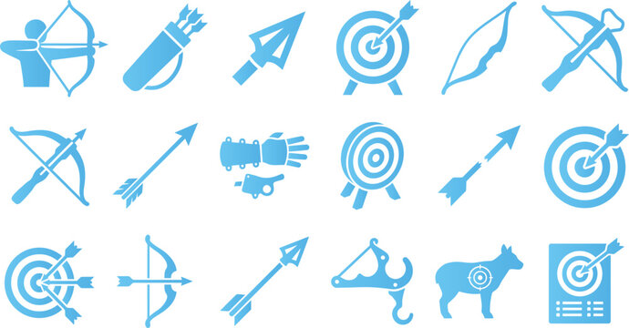 Collection of blue icons representing archery equipment, targets, and shooting actions.
