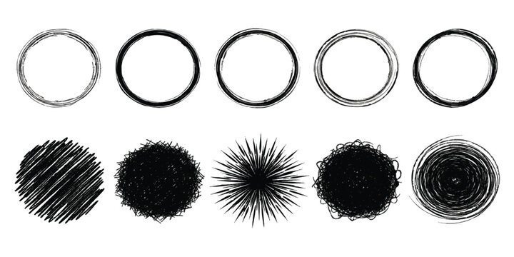Set of hand drawn circles and messy scribbled round shapes in black ink