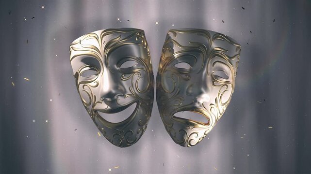 Elegant 3D loop of ornate silver and gold filigree theatrical masks against a silver curtain background. Featuring falling gold confetti and shimmering light particles for a grand show reveal