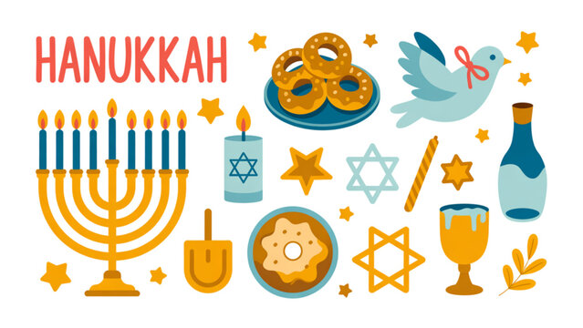 Colorful hanukkah celebration with menorah, dreidel, and traditional symbols Vector