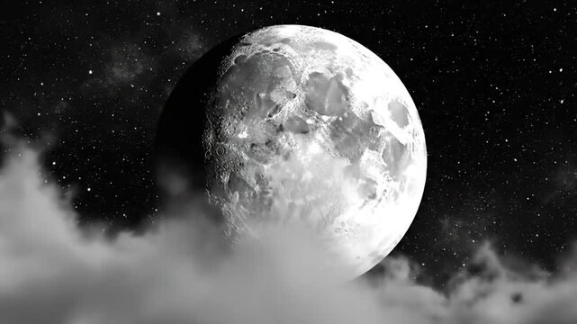Epic Black and White Close-Up Moon Reveal with Clouds and Stars in Cinematic Timelapse