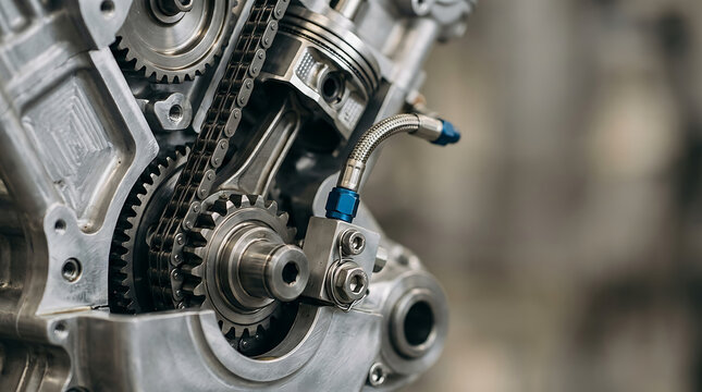 Close up of a high performance internal combustion engine. Mechanical assembly with piston and timing chain. Automotive engineering and industrial technology concept