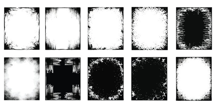 Set of ten black grunge picture frames with rough edges and distressed textures