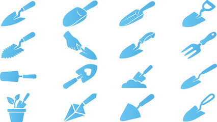 Gardening tool icons, trowels, forks, shovels for planting and digging, garden work equipment. © RaziaAkter