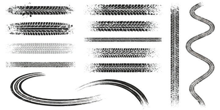 Set of black tire tracks and wheel marks with different patterns and shapes
