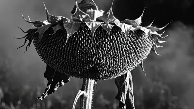 Black and white close up of a dried sunflower head with a fuzzy seed core and dark moody background