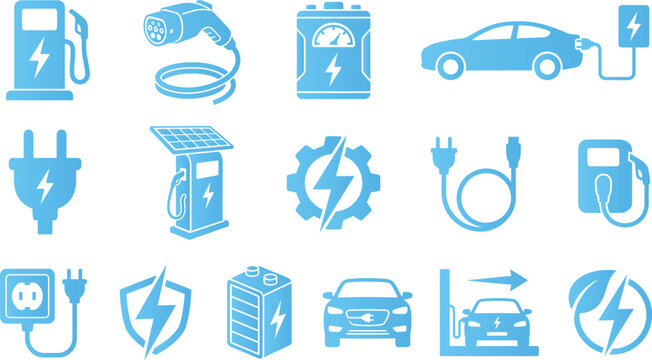 Blue icons related to electric vehicles and charging stations.